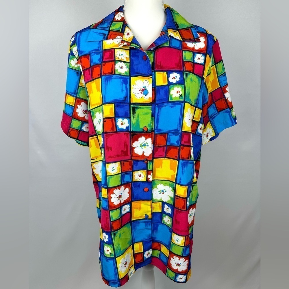 Vintage Jordan Short Sleeve Blouse Button Up Colorful Floral Print Medium Artsy - Picture 3 of 10